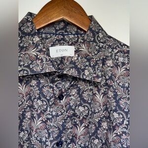 $285 Eton Men's Blue Slim-Fit Paisley Twill Dress Shirt Size 44 17 1/2